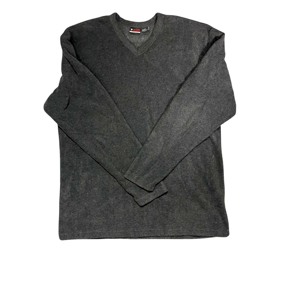 VTG‎ 90s Guess V Neck Fleece Sweater XL Lagen Look Ribbed Vent Holes Gorp